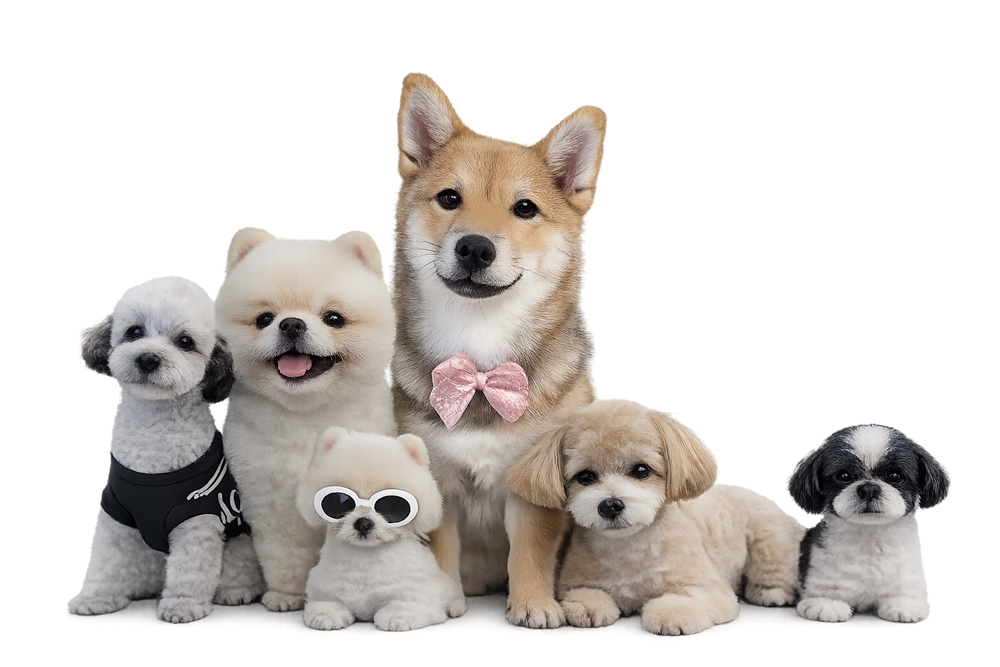 A happy group of freshly groomed dogs — at Rumi, every dog is treated like family